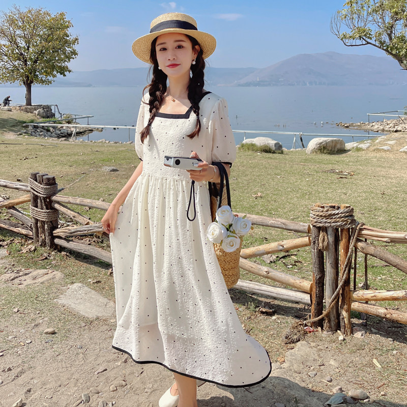 法式方领波点连衣裙女2025夏季新款温柔风高腰显瘦气质清纯初恋裙,女装连衣裙,浙宝169A(原263)