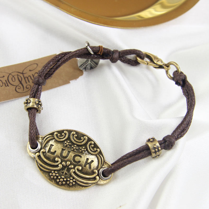 青岛外贸饰品复古烧金图腾圆盘手链uu04手工编织皮链手镯手环