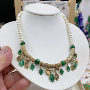古着vintage复古宫廷风巴洛克珍珠项链绿叶树叶叶子锁骨链女