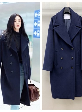 cel风加厚加衬藏青色长款双排扣简约通勤同款双面羊毛呢外套大衣