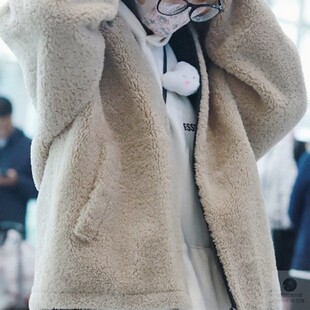 明星杨超越同款真羊羔毛皮毛一体外套加厚连帽颗粒羊剪绒大衣