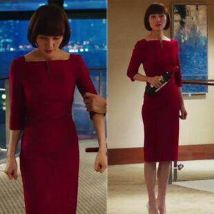 袁泉唐晶同款连衣裙秋款修身显瘦一字领高贵气质款中长款裙晚礼服