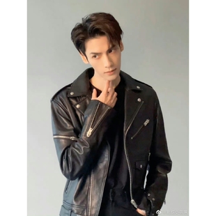 罗云熙同款皮衣绵羊皮修身韩版腰带软皮夹克潮流帅气机车男士外套