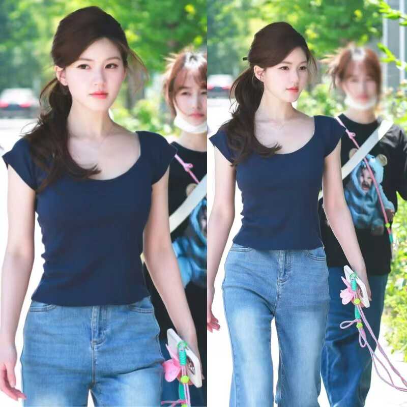许我耀眼赵露思许研同款衣服藏青色V领T恤女短袖短款bm上衣女夏季图片