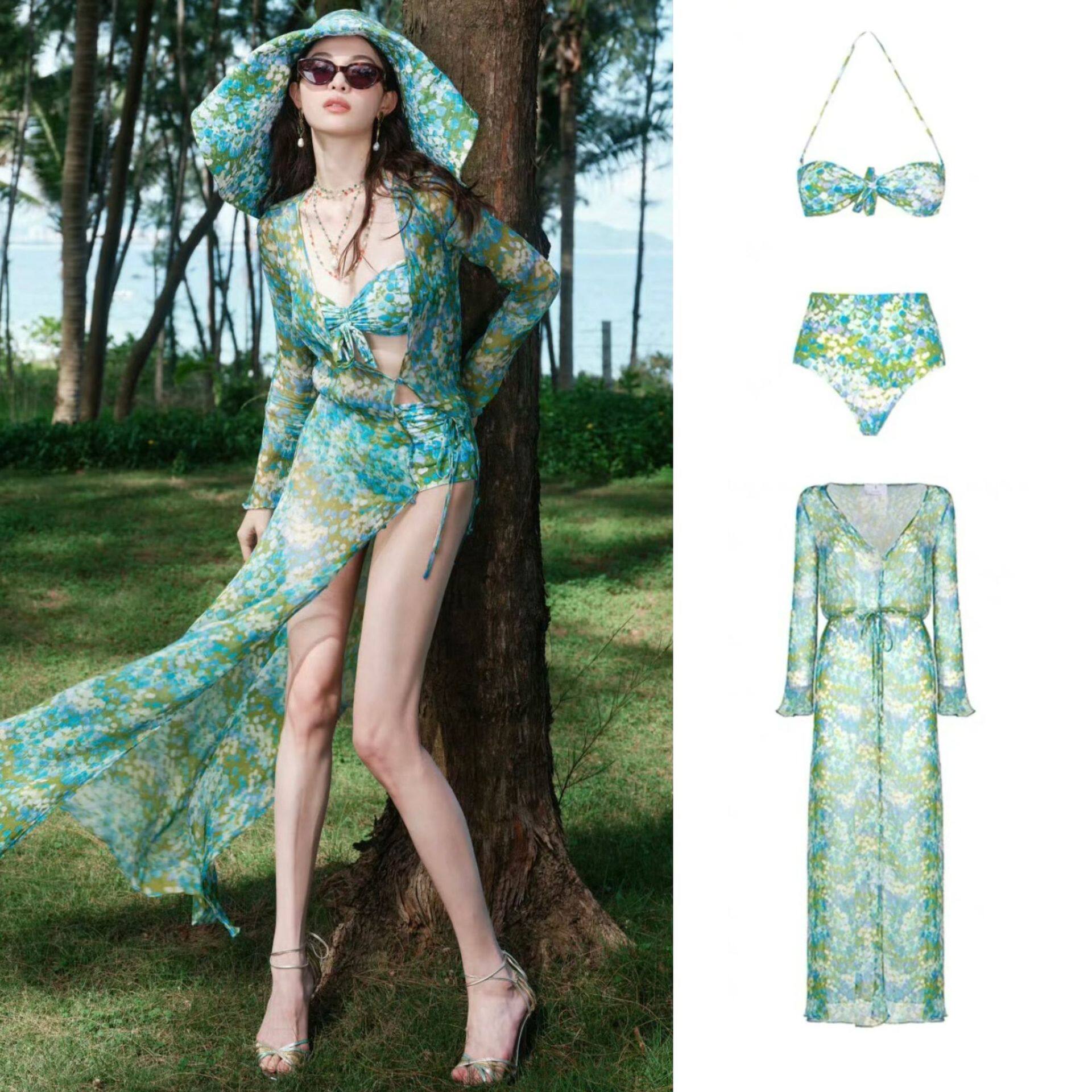 【现货】钟楚曦同款碎花比基尼三件套女夏季新度假泳衣度假风长裙