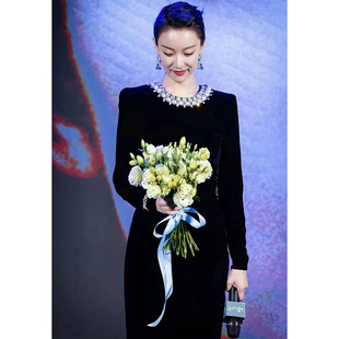 倪妮明星同款气质晚礼服裙长款长袖丝绒连衣裙年会宴会女有