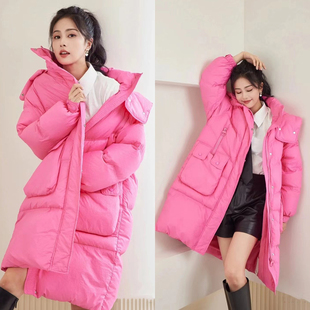 欧代明星白鹿同款粉红色羽绒服冬季女中长款保暖新年外套大衣
