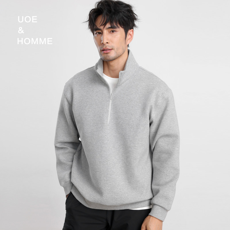 UOE秋季新品基础百搭空气层轻盈保暖半开襟男士立领卫衣宽松外套