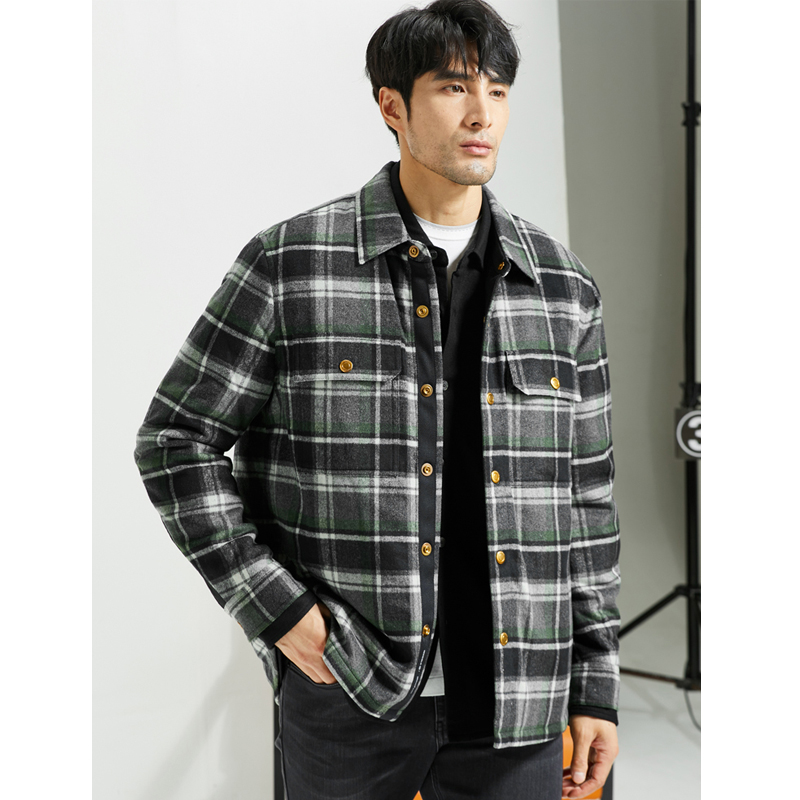 澳洲羊毛面料男士秋冬季保暖3M新雪丽棉服格纹衬衫领休闲夹克外套