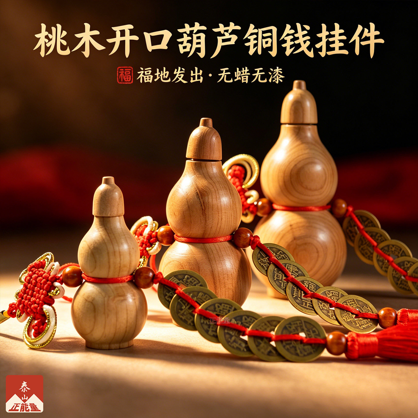 桃木开口葫芦铜钱挂件装饰摆件无蜡无漆原木色六帝钱十帝钱吊坠