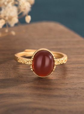 创意设计宫廷风黄铜镀金天然玛瑙戒指创意百搭气质女士款开口指环