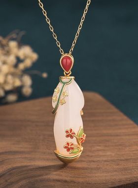金镶玉和田玉吊坠女玉石中国风宫廷旗袍配饰旗开得胜玉景泰蓝项链