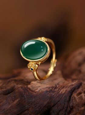 艾尔缘新中式镶祖母绿仿玉石古法镀金戒指女国潮古风首饰抖音爆款