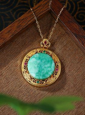 艾尔缘古法镀金镶嵌A货干青仿翡翠吊坠精致轻奢华复古无事牌项链