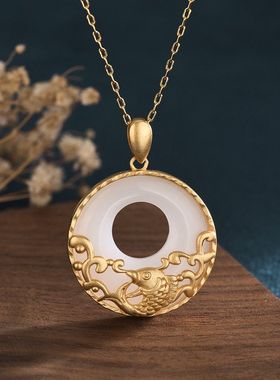 艾尔缘国风设计古法镀金吊坠女年年有鱼平安扣宫廷复古项链