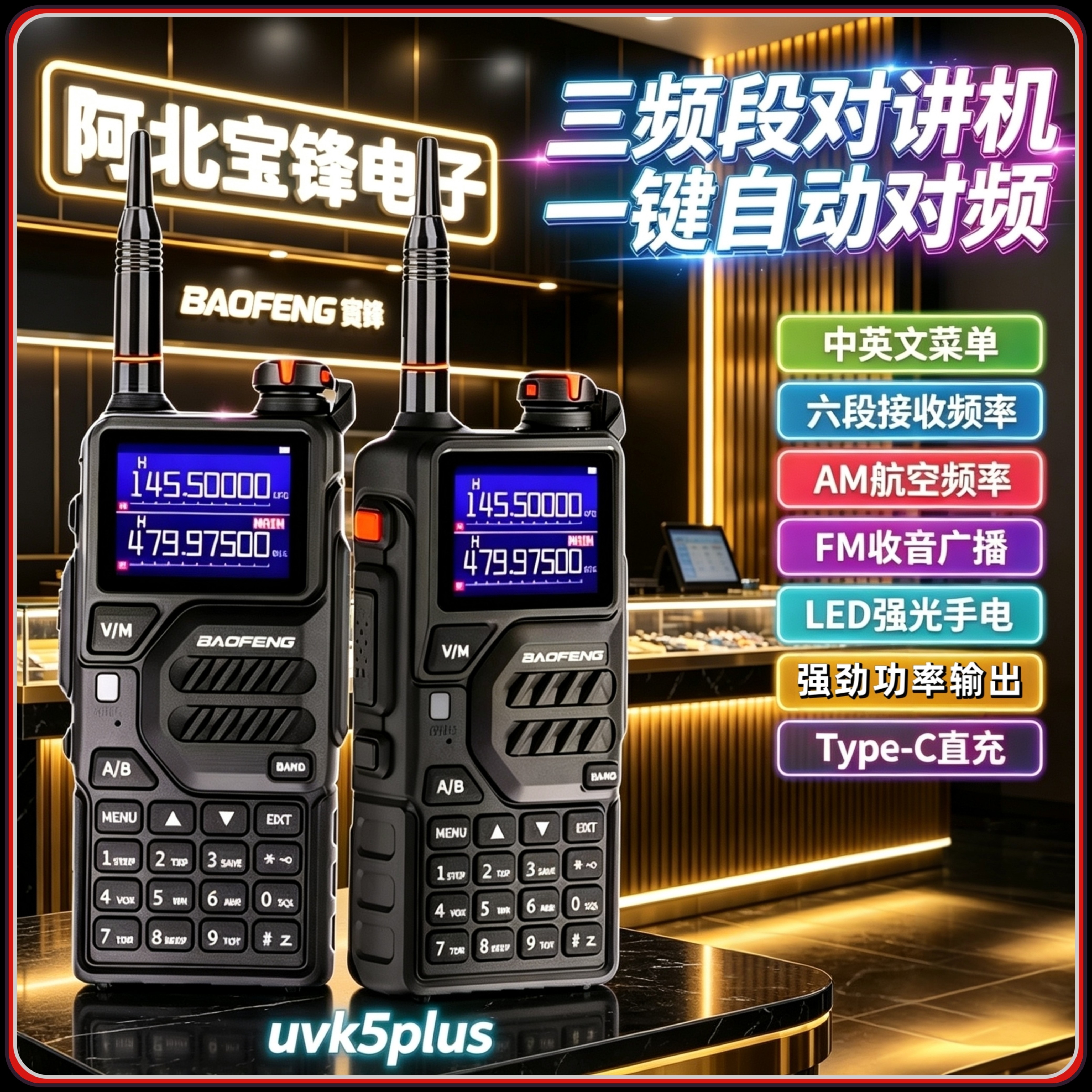 宝锋uv-k5Plus对讲机航空自动调频双段双频无线电台10w大功率自驾
