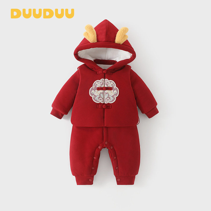 新款大红色周岁喜庆宝宝连体衣冬装长袖a类百天满月拜年婴儿衣服