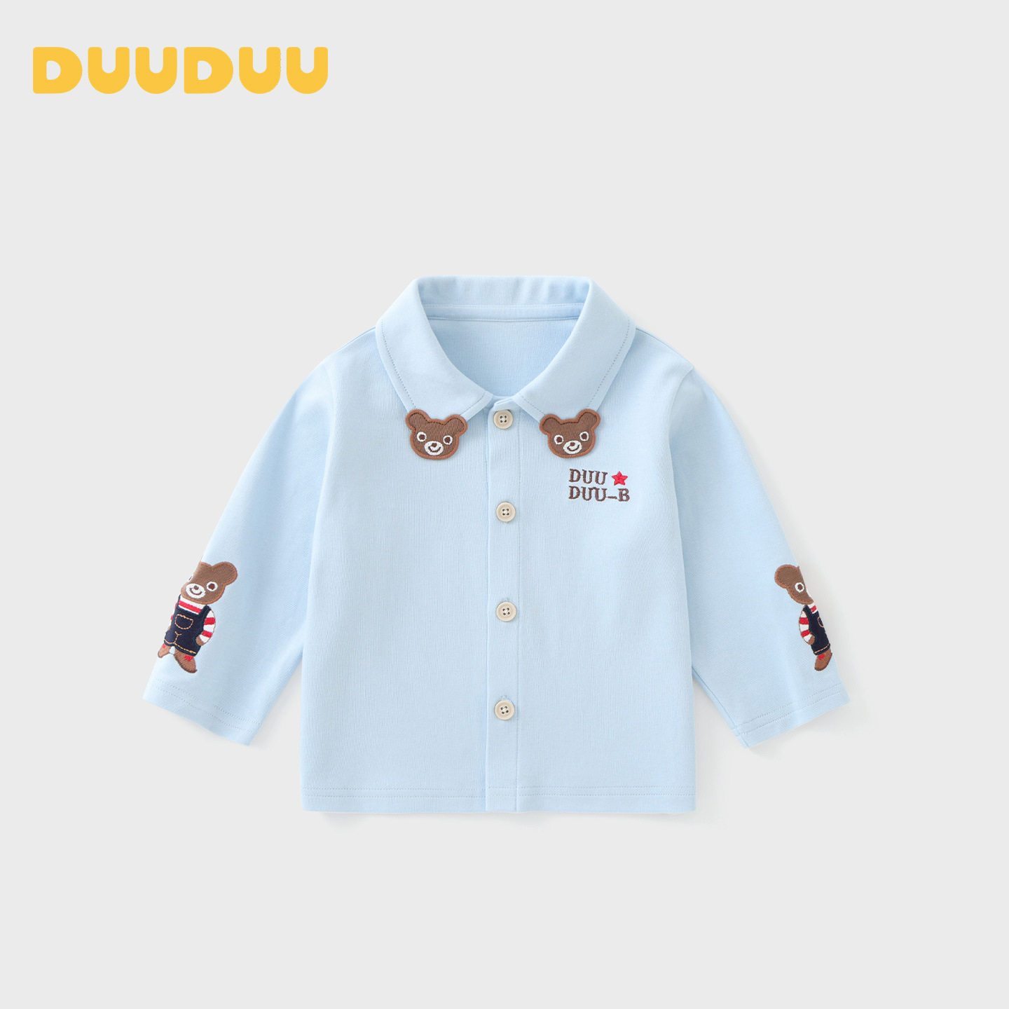 DUUDUU儿童衬衫2026秋装长袖韩式风婴儿衣服小熊翻领蓝色宝宝衬衣图片