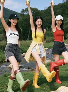 外贸雨鞋女时尚款外穿水鞋短筒雨靴中筒套鞋防滑高筒胶鞋红色黑色