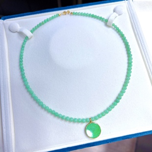 18k金翡翠平安无事牌吊坠阳绿翡翠珠链4-4.5mmbaby珠小米珠项链女