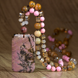 复古编织打结黑线红纹石平安无事牌毛衣链吊坠长款项链新中式国风