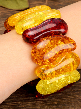 琥珀蜜蜡手链女多彩不规则形状渐变色弹力线手排原创民族风新中式