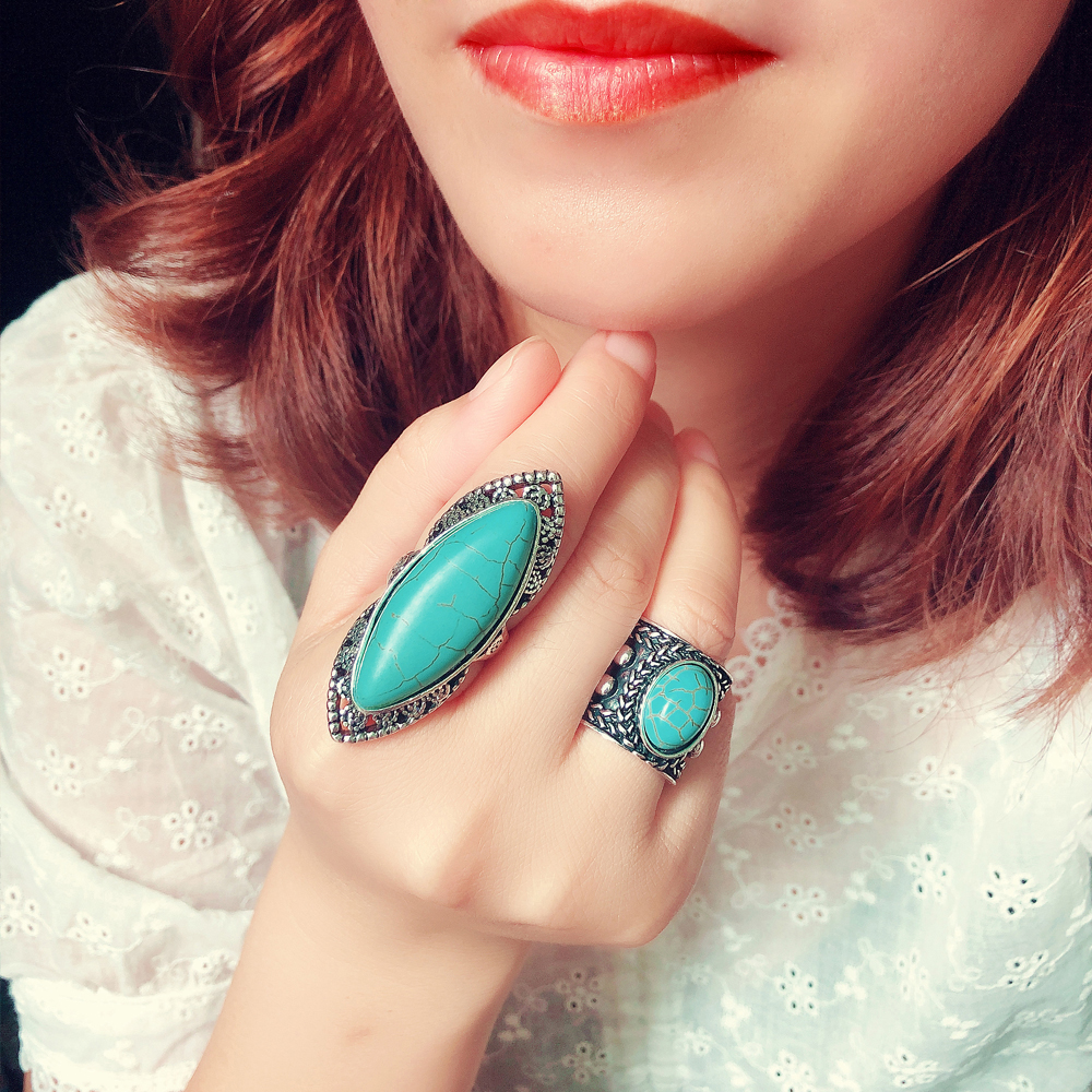 EUROPEAN AND AMERICAN EXAGGERATED ADJUSTABLE GEOMETRIC IRREGULAR TURQUOISE RING ORIGINAL HANDMADE G TONE INDEX FINGER RING RING PERSONALITY