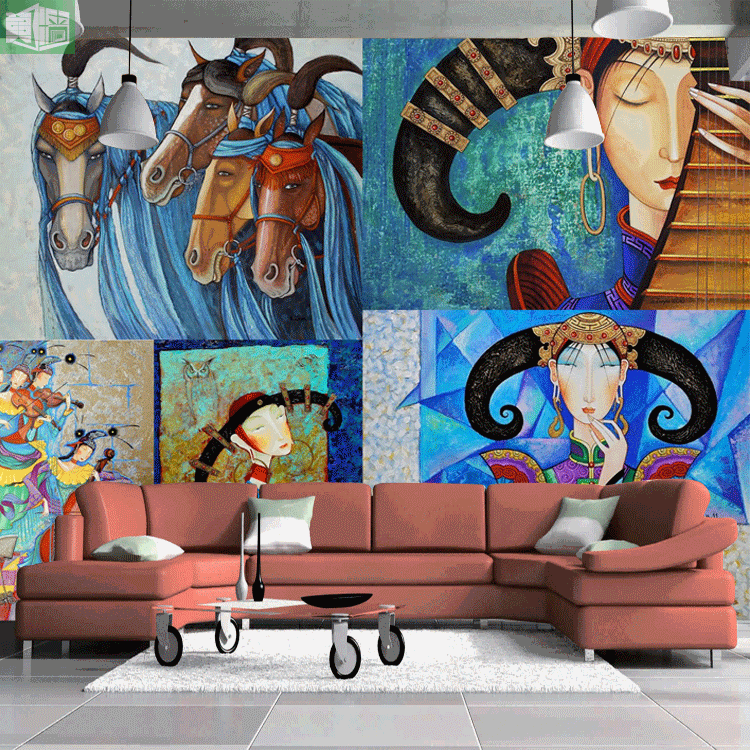 蒙古族文化插画拼图壁纸 手抓羊肉烤全羊羊肉火锅店墙纸餐厅壁画