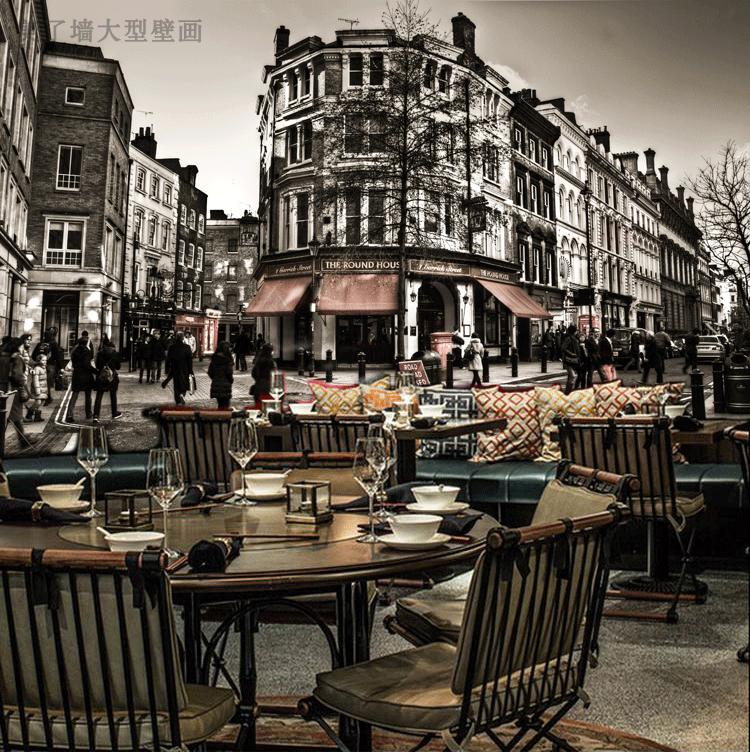 欧洲建筑城市街道壁纸黑白怀旧个性壁画餐厅咖啡馆奶茶店风景墙纸