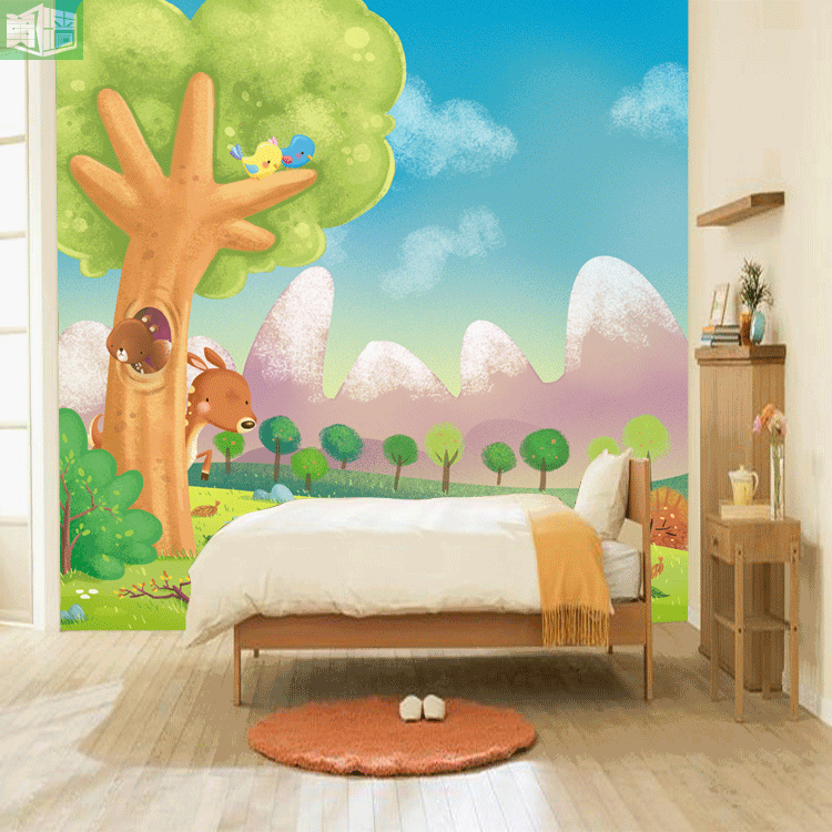 手绘卡通森林动物壁纸 儿童房定制墙纸 儿童乐园幼儿园定制壁画