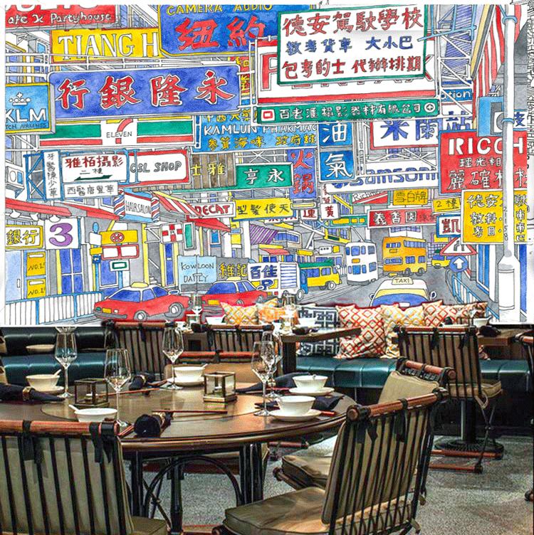 香港街景墙纸港式卡通动漫风格壁纸茶餐厅餐饮店个性创意壁画定制