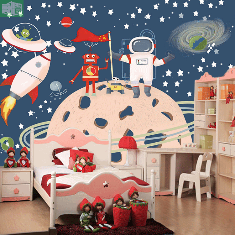 登月手绘卡通壁纸儿童教育科技主题墙纸幼儿园儿童房儿童乐园壁画