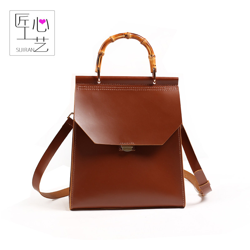 2023原创真皮头层牛皮手工包包天然竹子手柄包单肩手提斜跨包大包