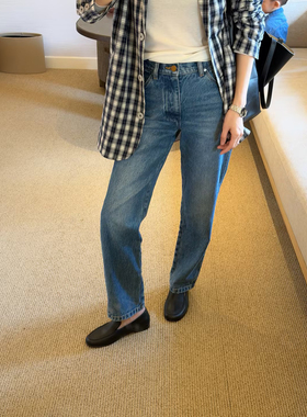 THESOONG/意大利弹纯棉九分烟管加厚洗水中腰无弹蓝色牛仔裤7569