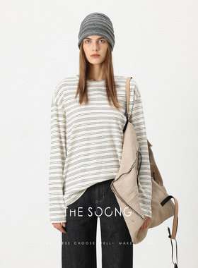 THESOONG/秋季女士长袖条纹圆领T恤内搭打底衫套头宽松上衣7294