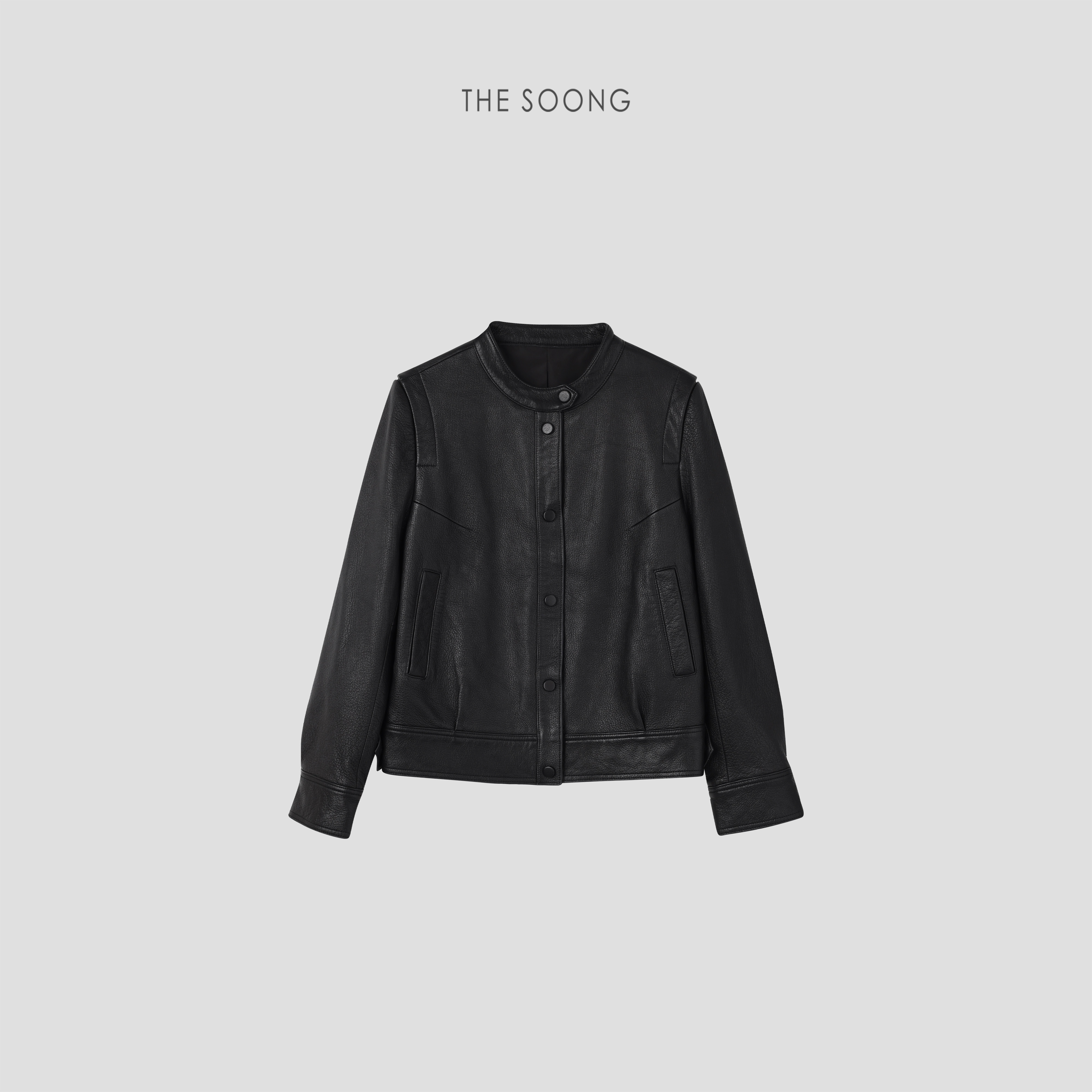 THESOONG/英伦风情 土耳其山羊皮黑色复古无垫肩修身正肩皮衣外套