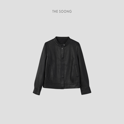 THESOONG/英伦风情 土耳其山羊皮黑色复古无垫肩修身正肩皮衣外套