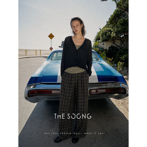 THESOONG/风过格纹 透气干爽不粘腿藏胯显瘦九分阔腿休闲裤女9212