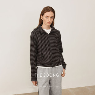 卫衣外套女 开衫 THESOONG 羊毛德绒自热缩温拉链连帽上衣条纹短款