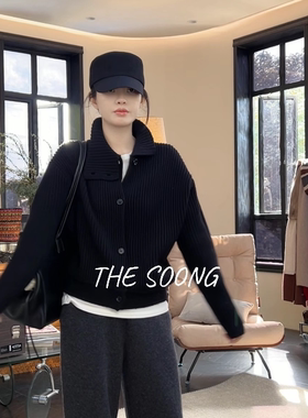 THESOONG/秋冬100%纯羊毛软糯立体坑条肌理半高领毛衣外套女8415