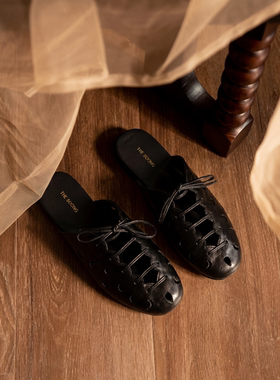 THESOONG/法式镂空羊皮外穿穆勒半拖鞋女包头一脚蹬真皮凉拖鞋夏