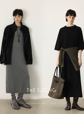 THESOONG/绵羊毛七分袖极简慵懒时髦廓形T恤裙女中长款宽松7510