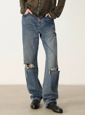 THESOONG/早秋膝盖破洞直筒牛仔裤女经典款高腰休闲长裤7277