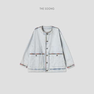 THESOONG 复古重工绣花洗水炒盐棉质宽松廓形女士牛仔外套7648