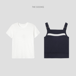 THESOONG T恤上衣7684 斫云柔织撞色层次感条纹真两件女士套装