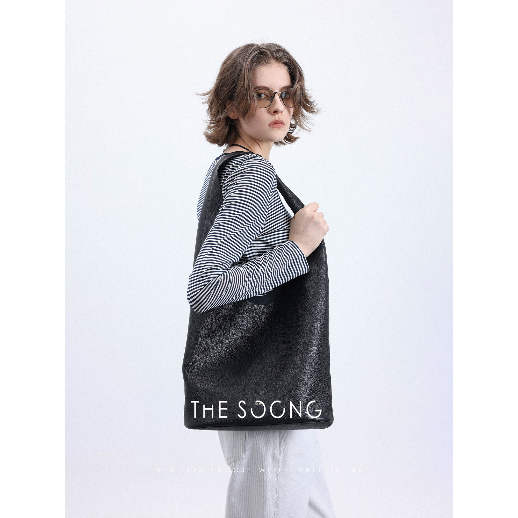 THESOONG/荔枝纹福袋包头层牛皮肌理感加厚包底百搭黑色单肩女包
