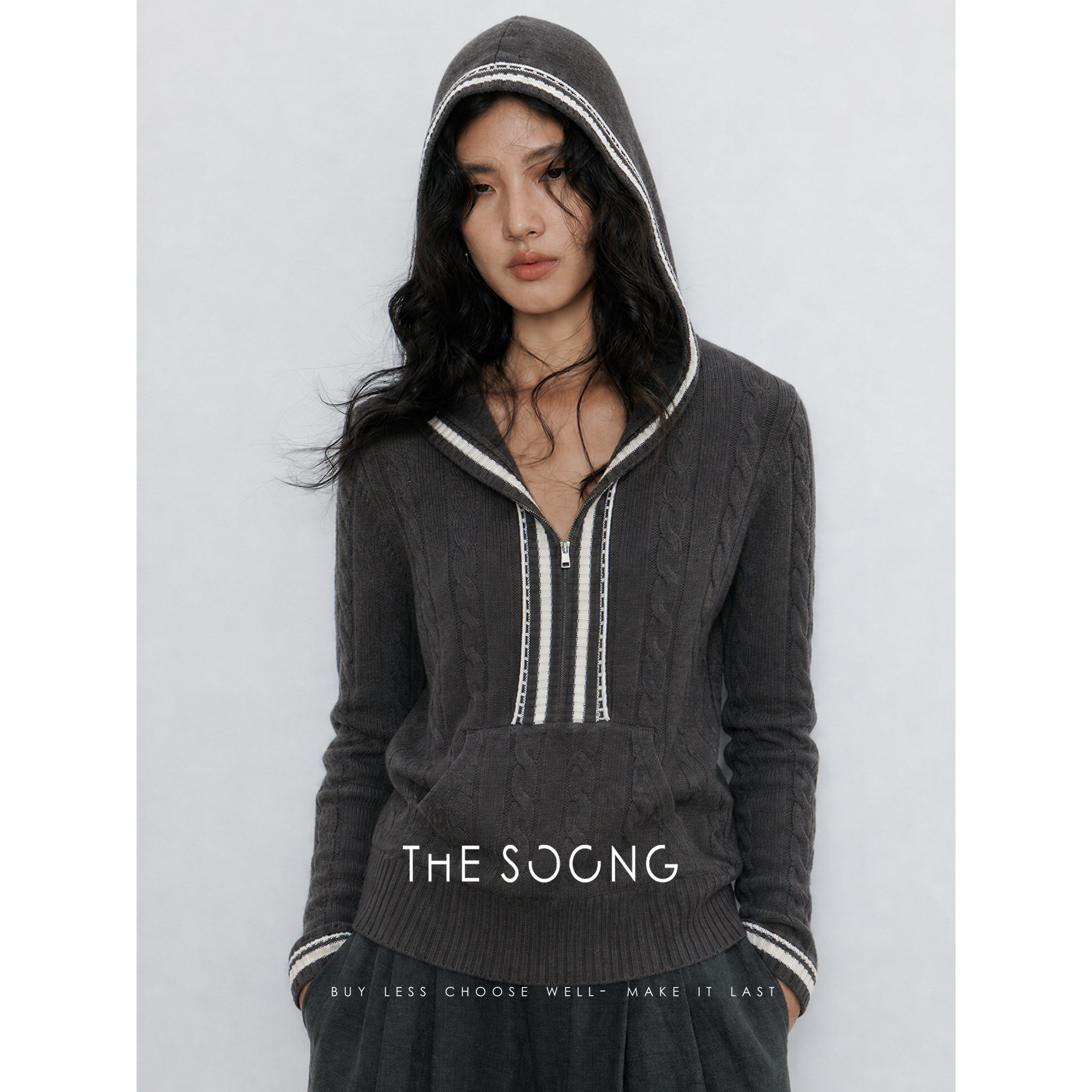 THESOONG/袋鼠毛衣 100%澳洲羊毛连帽针织衫女秋冬麻花毛衣9250