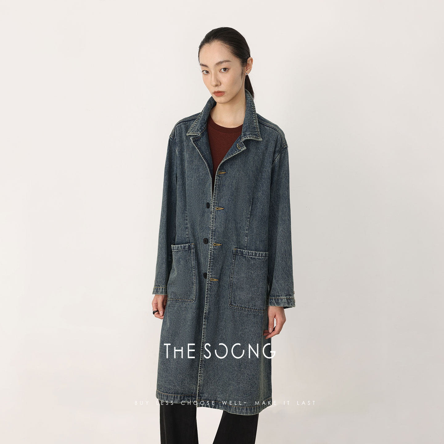 THESOONG/春季新品长款过膝牛仔外套女宽松修身显瘦长袖HBNZ8363