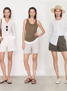 THESOONG/慵懒随性 夏季100%亚麻中腰阔腿不闷热日系休闲短裤9126