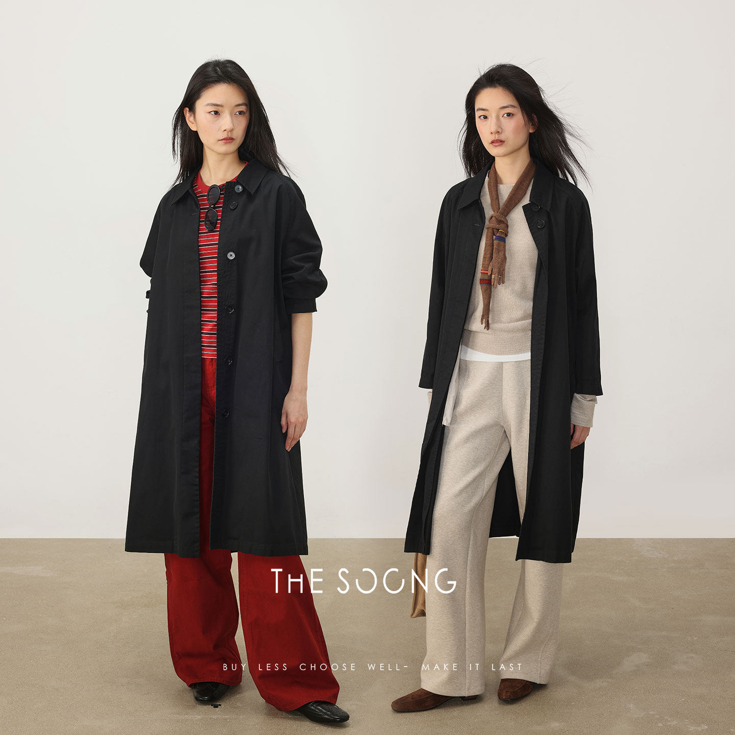 THESOONG/机场风衣 重酵洗加软斜纹纯棉黑色秋冬新款风衣外套女